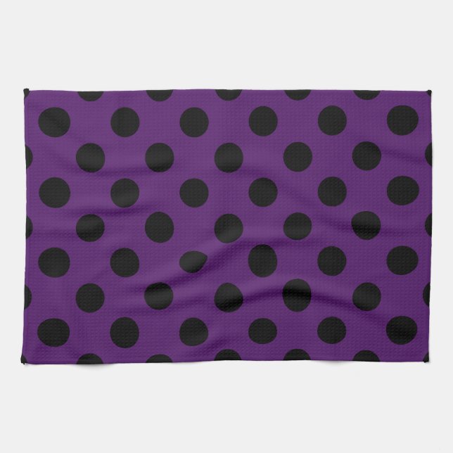 Black polka dots on plum purple kitchen towel (Horizontal)