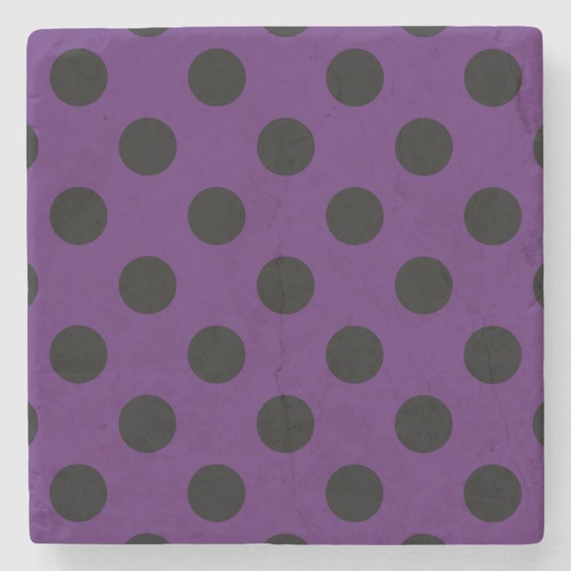 Black polka dots on plum purple stone coaster (Front)