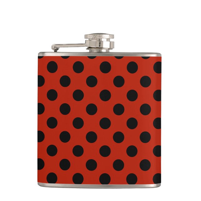 Black polka dots on red hip flask (Front)