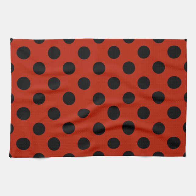 Black polka dots on red kitchen towel (Horizontal)