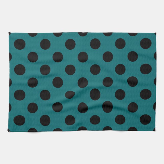 Black polka dots on teal kitchen towel (Horizontal)