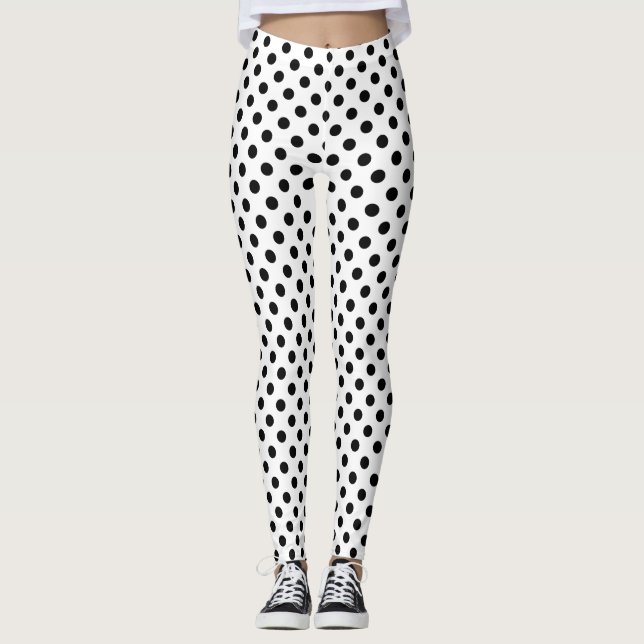 Black Polka Dots on White Background Leggings (Front)