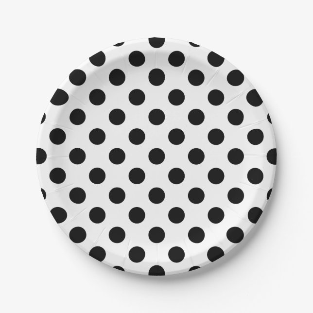 Black polka dots on white paper plate (Front)