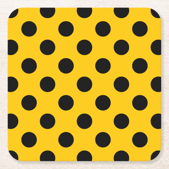 Black polka dots on yellow square paper coaster (Front)