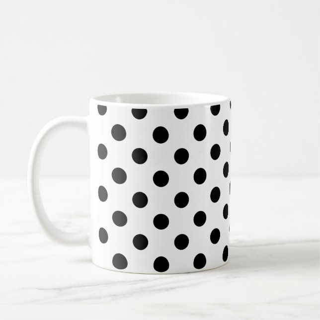 Black Polka Dots Pattern on White Background  Coffee Mug (Left)
