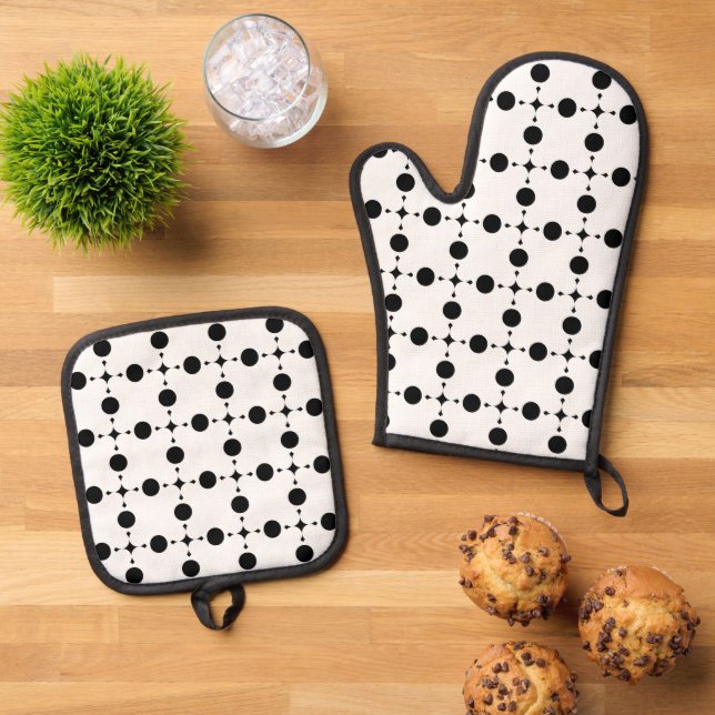 Black Polka Dots, Polka Dot Pattern, Dots, Dotted Oven Mitt & Pot Holder Set (Top Down)