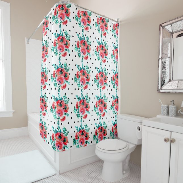 Black Polka-dots & Red Watercolor Roses Pattern (In Situ)