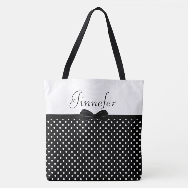 Black Polka Dots With Papillon Personalized Large Tote Bag (Front)