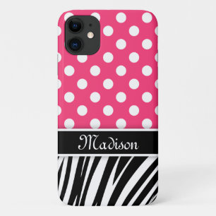 Black Polka Dots Zebra Stripes Pink Name iPhone 11 Case