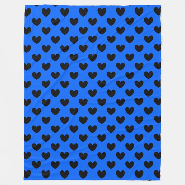 Black polka hearts on blue fleece blanket (Front)