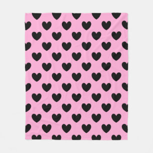 Black polka hearts on cotton candy pink fleece blanket