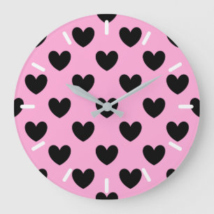 Black polka hearts on cotton candy pink large clock