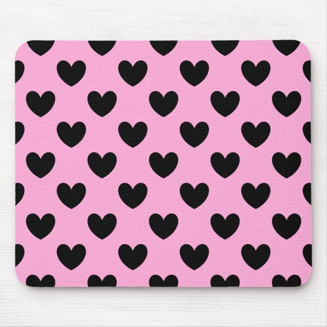 Black polka hearts on cotton candy pink mouse pad (Front)