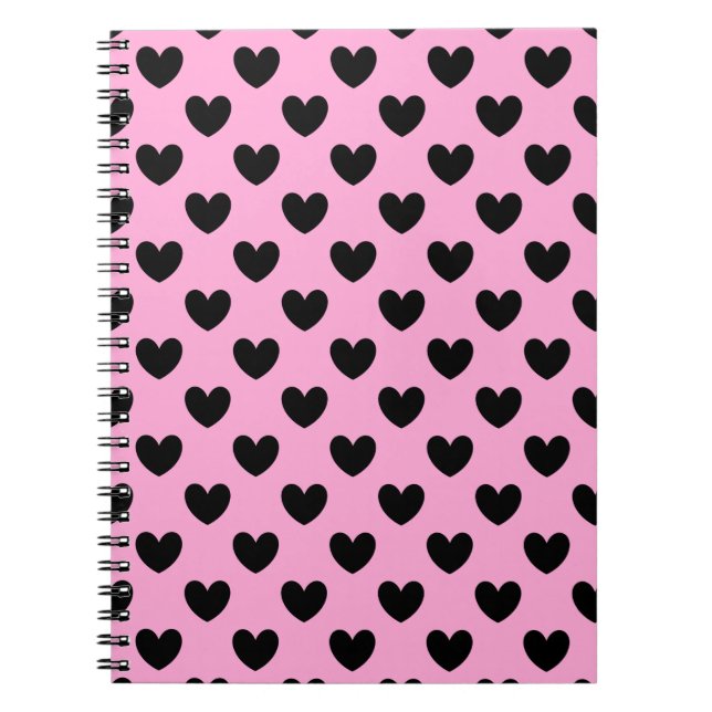 Black polka hearts on cotton candy pink notebook (Front)
