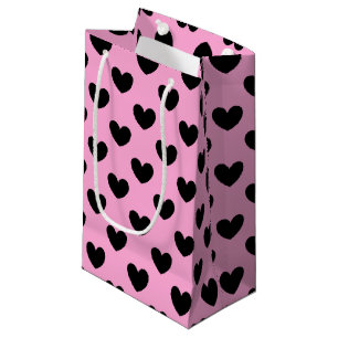 Black polka hearts on cotton candy pink small gift bag
