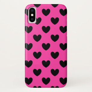 Black polka hearts on fuchsia pink iPhone x case