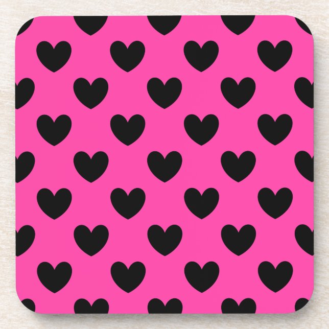 Black polka hearts on fuchsia pink coaster (Front)
