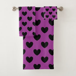 Black polka hearts on purple bath towel set