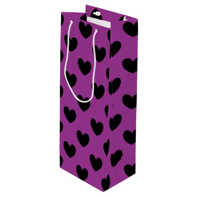 Black polka hearts on purple wine gift bag (Front Angled)