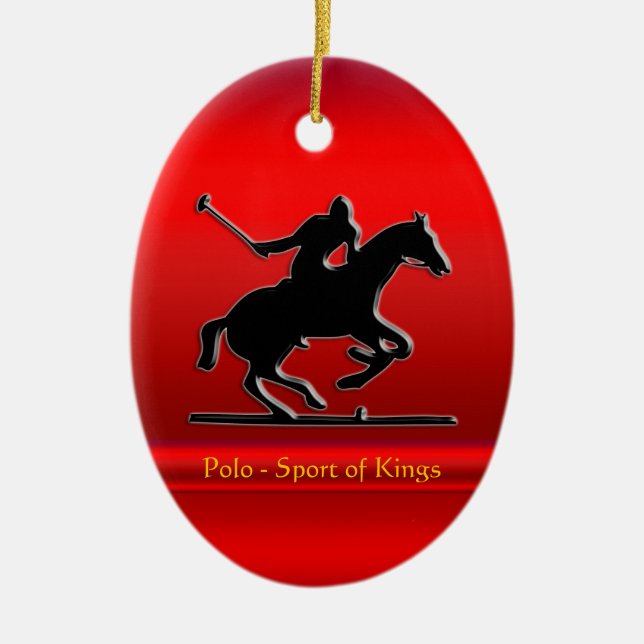 Black Polo Pony and Rider on red chrome-look Ceramic Ornament (Front)