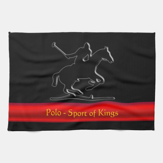 Black Polo Pony and Rider, red chrome-look stripe Kitchen Towel (Horizontal)