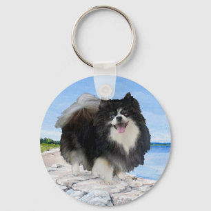 Black Pomeranian at the Seashore Keychain
