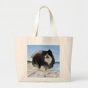 Black Pomeranian at the Seashore Large Tote Bag