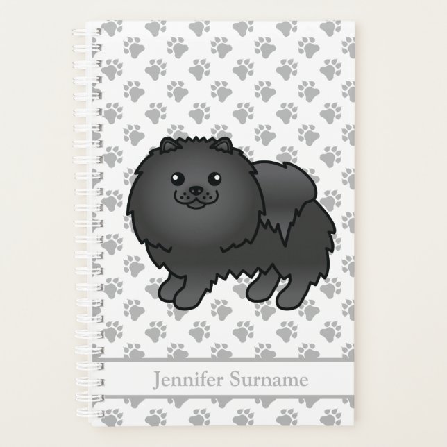 Black Pomeranian Cute Cartoon Dog & Custom Text Planner (Front)