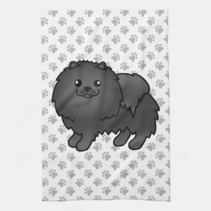 Black Pomeranian Cute Cartoon Dog & Paws Kitchen Towel