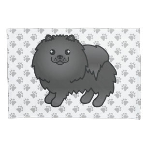 Black Pomeranian Cute Cartoon Dog & Paws Pillowcase
