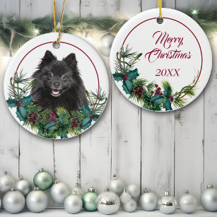 Black Pomeranian Dog Evergreen Berry Wreath Ceramic Ornament