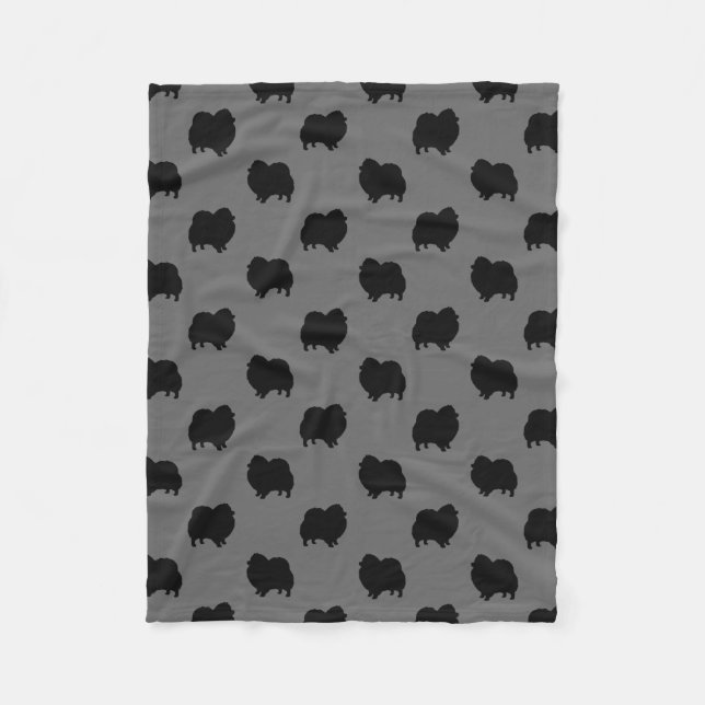 Black Pomeranian Dog Silhouettes Pattern Fleece Blanket (Front)