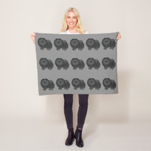 Black Pomeranian Dogs Pattern On Grey Fleece Blanket