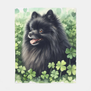Black Pomeranian Green Shamrock Field Fleece Blanket