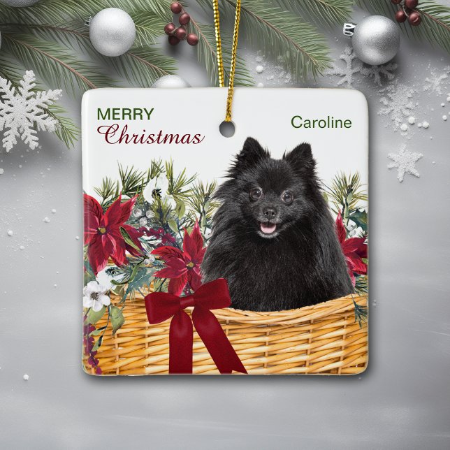 Black Pomeranian Poinsettia Christmas Basket Ceramic Ornament (Creator Uploaded)