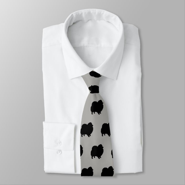 Black Pomeranian Silhouettes Pattern Grey Tie (Tied)