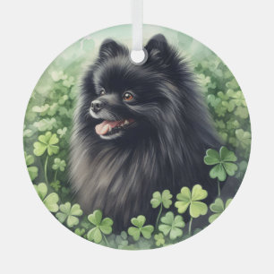 Black Pomeranian St Patricks Day Glass Ornament