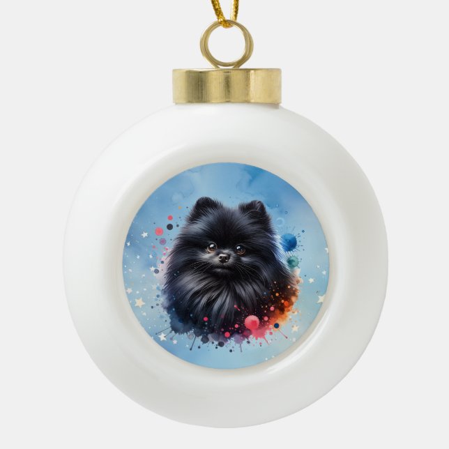 Black pomeranian watercolor illustration ceramic ball christmas ornament (Front)