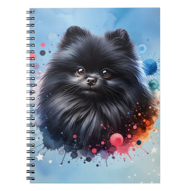 Black pomeranian watercolor illustration notebook (Front)
