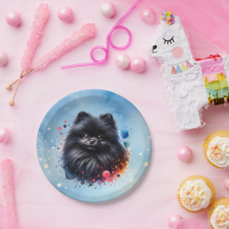 Black pomeranian watercolor illustration paper plate