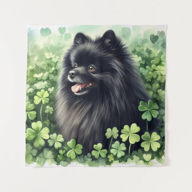 Black Pomeranian Watercolor St Patricks Day  Tapestry (Front)
