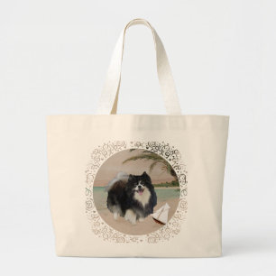 Black Pomeranian with Sailboat Large Tote Bag