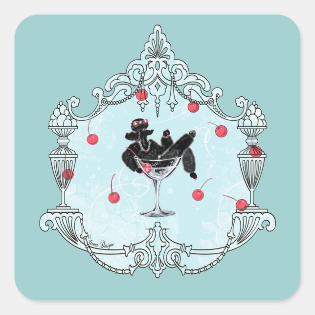 Black Poodle Champagne n Cherries Square Sticker (Front)