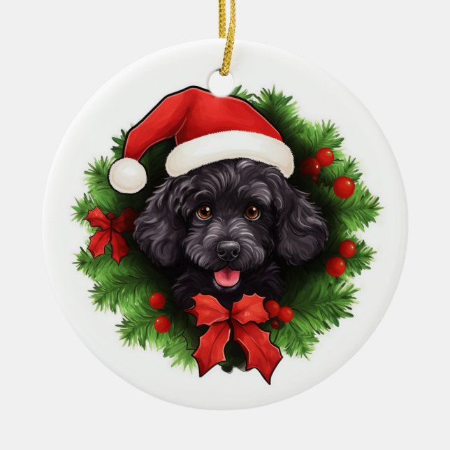 Black Poodle Christmas Wreath Ceramic Ornament (Front)