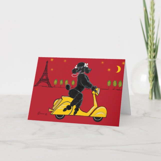 Black Poodle in Paris on Scooter Card (Front)