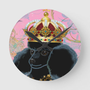 Black Poodle King with Crown Round Clock