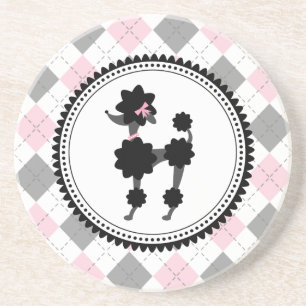 Black Poodle / Pink and Grey Argyle Coaster