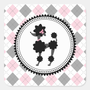 Black Poodle / Pink & Grey Argyle Sticker