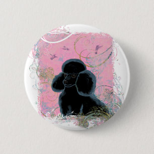Black Poodle Portrait with Hummingbirds Button PIn
