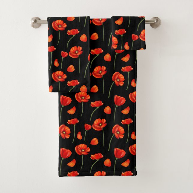 black poppy pattern bath towel set (Insitu)